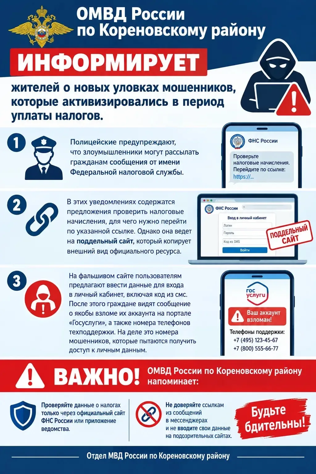 ОМВД России по Кореновскому району информирует жителей о новых уловках мошенников, кото...