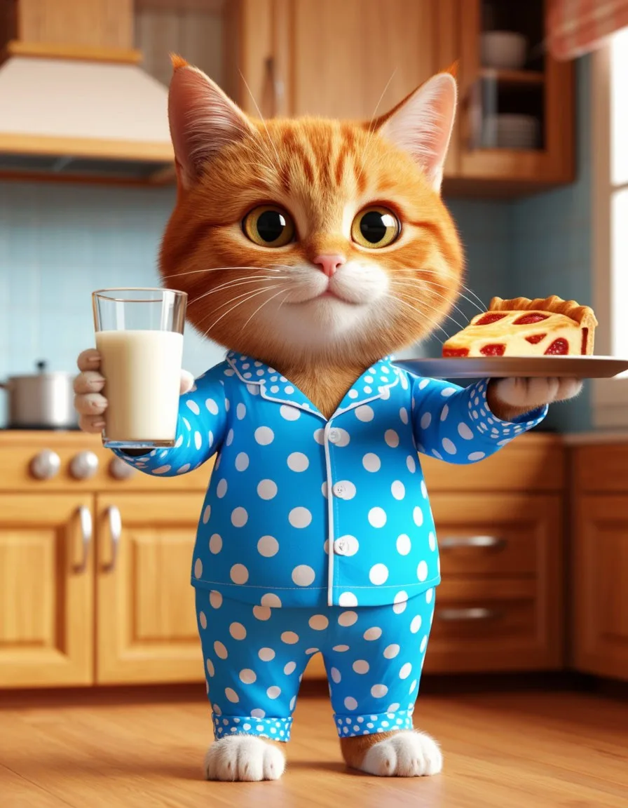 Утренний ритуал: кот в пижаме с молоком и пирогом.