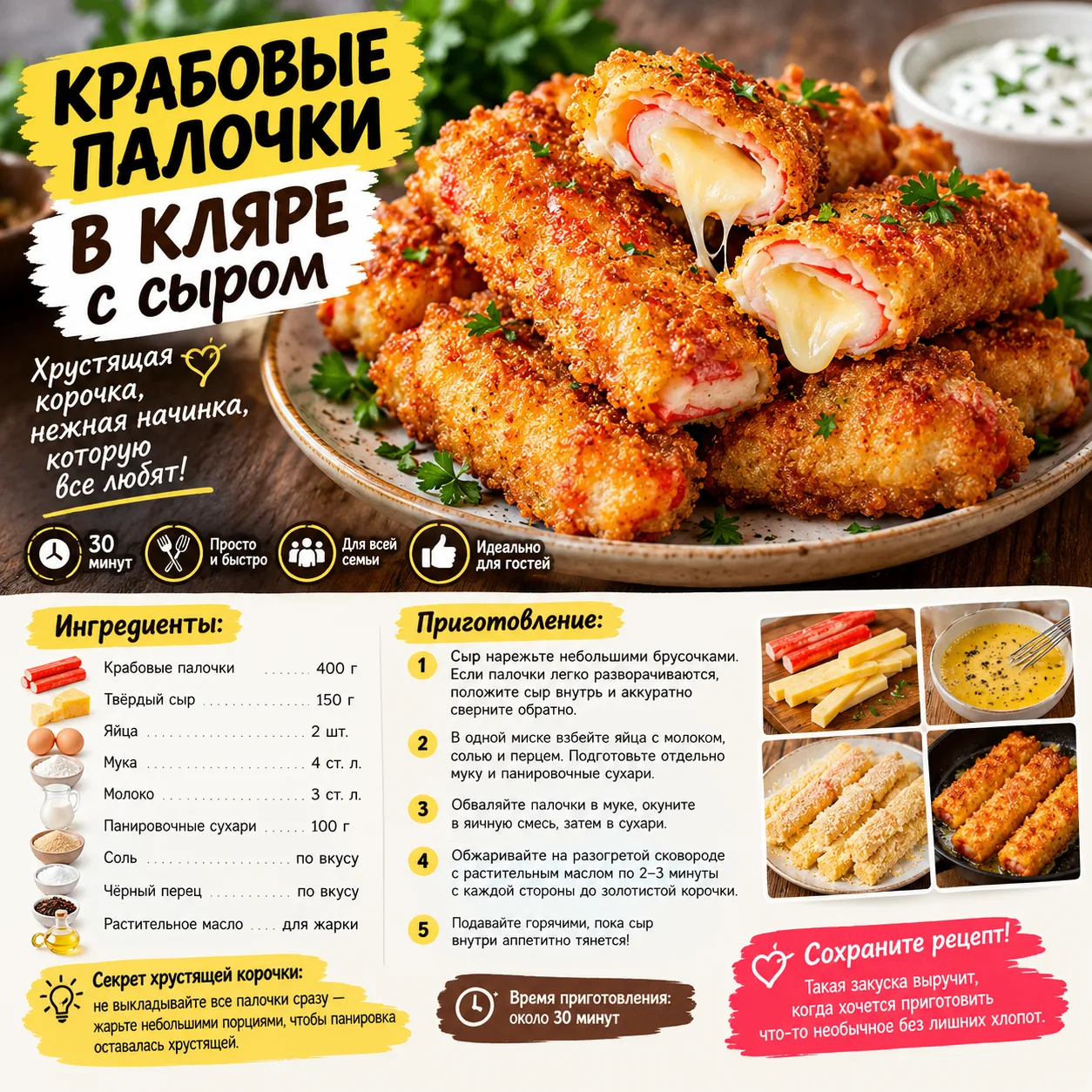 🧀 КРАБОВЫЕ ПАЛОЧКИ В КЛЯРЕ С СЫРОМ — ХРУСТЯЩАЯ ВКУСНЯТИНА, ОТ КОТОРОЙ НЕ ОТОРВАТЬСЯ!