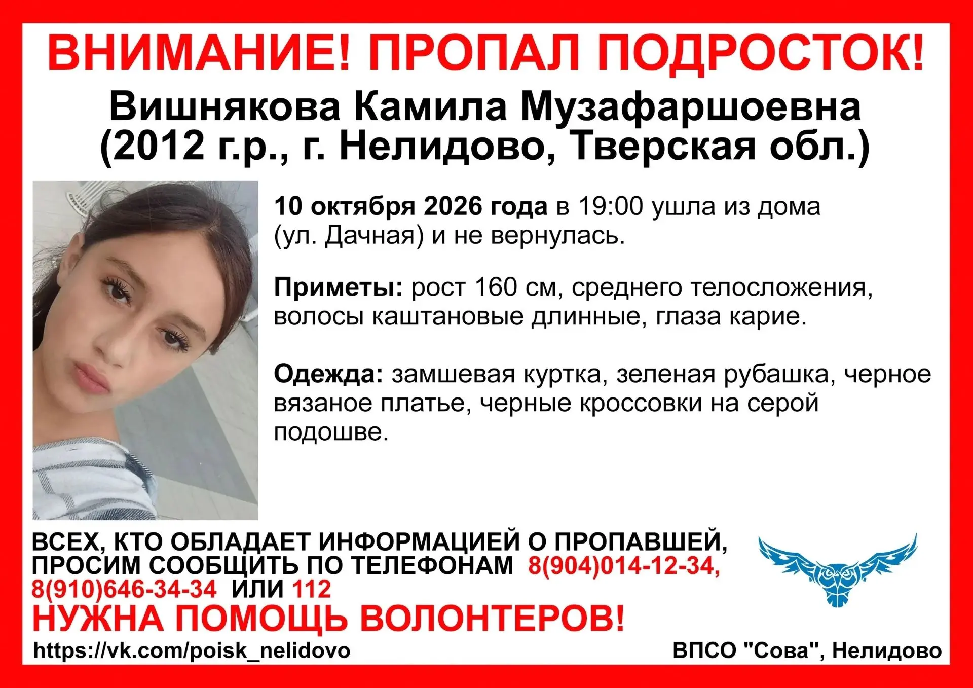 В Нелидово пропала девочка - к поиску подключились волонтёры "Совы".