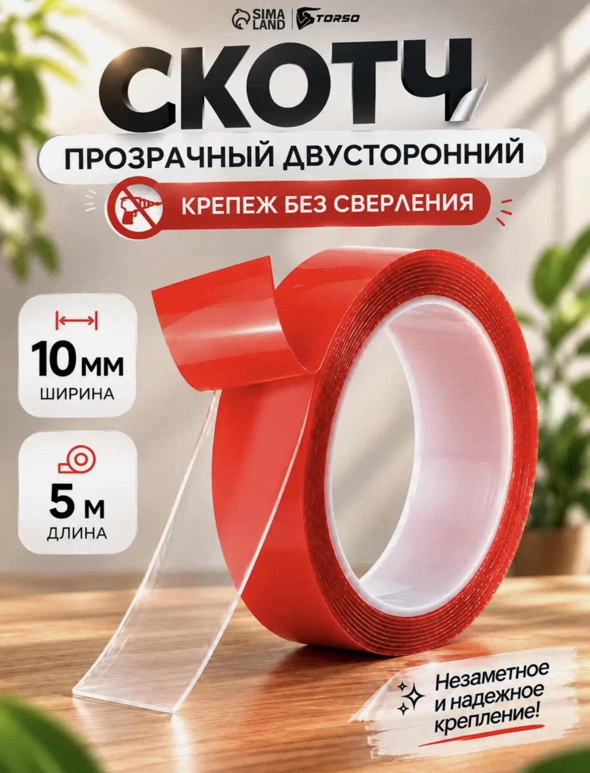 Клейкая лента Cartage, прозрачная, двусторонняя, акриловая, 10 мм × 5 м