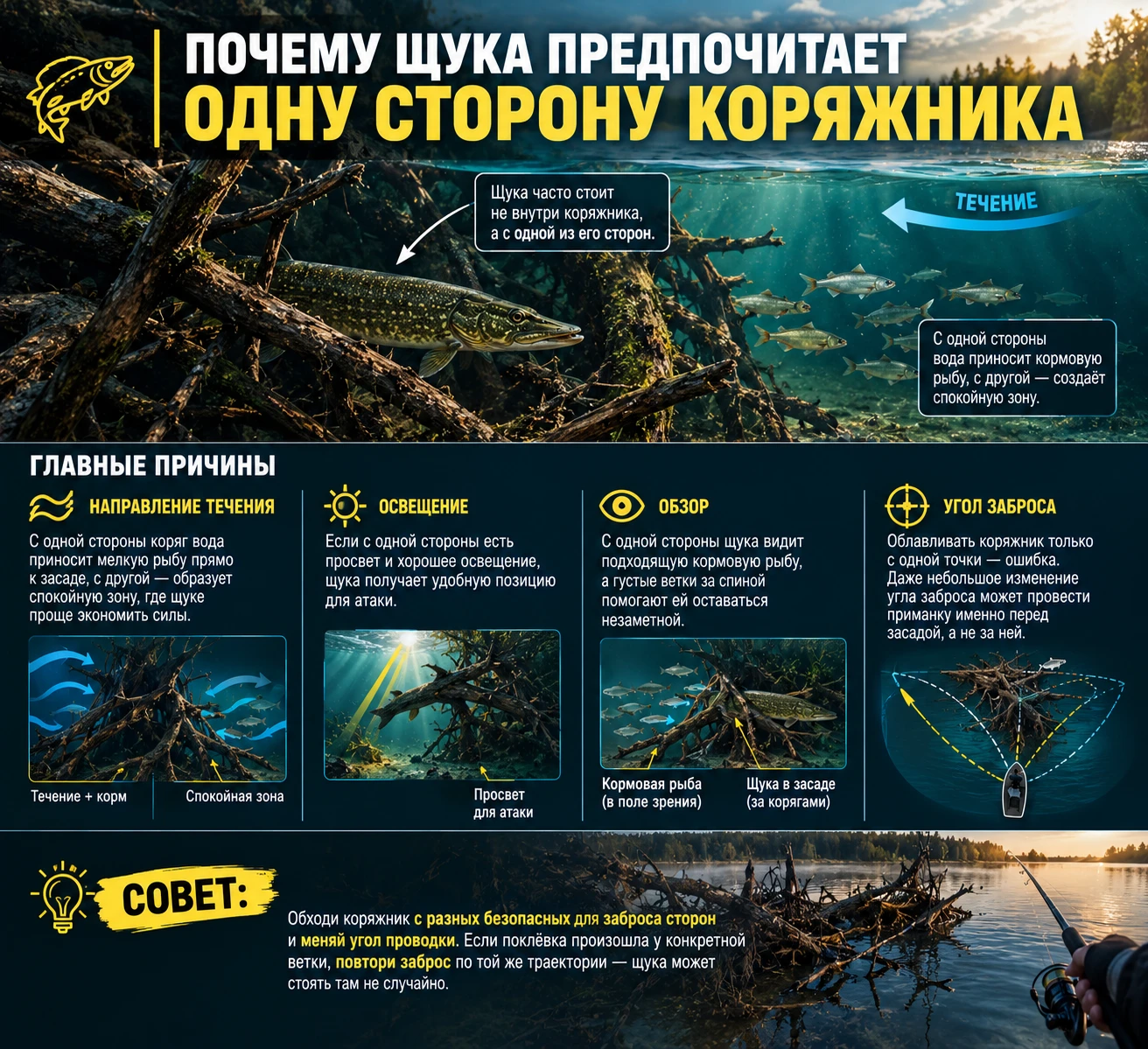 🎣 Почему щука предпочитает одну сторону коряжника
