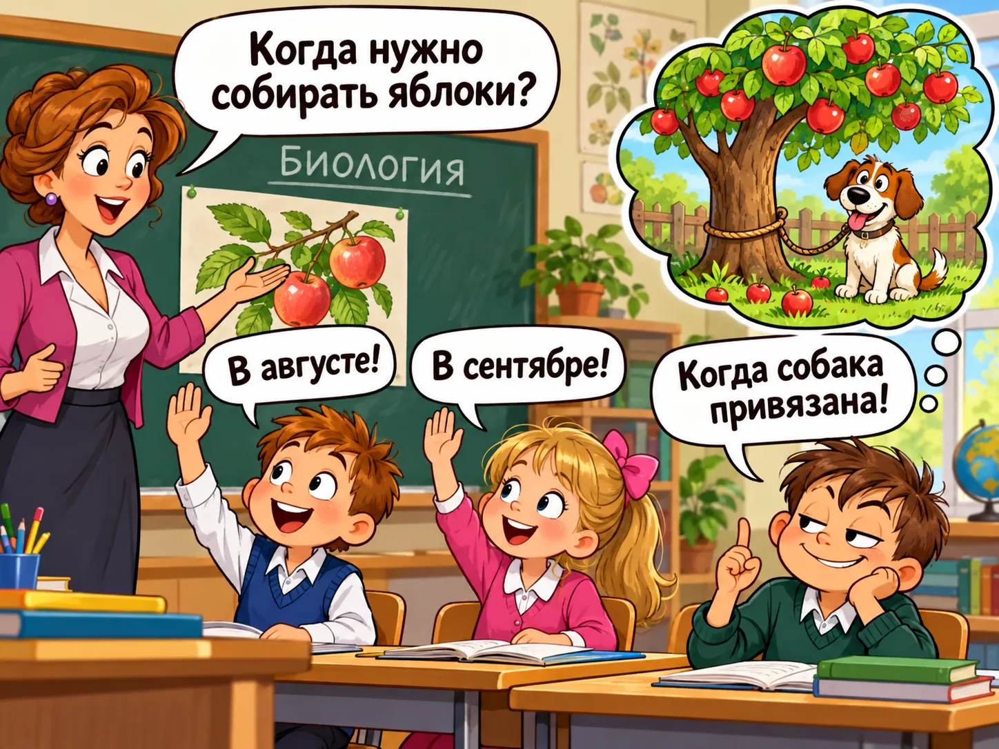 Учительница биологии спрашивает: — Когда нужно собирать яблоки?