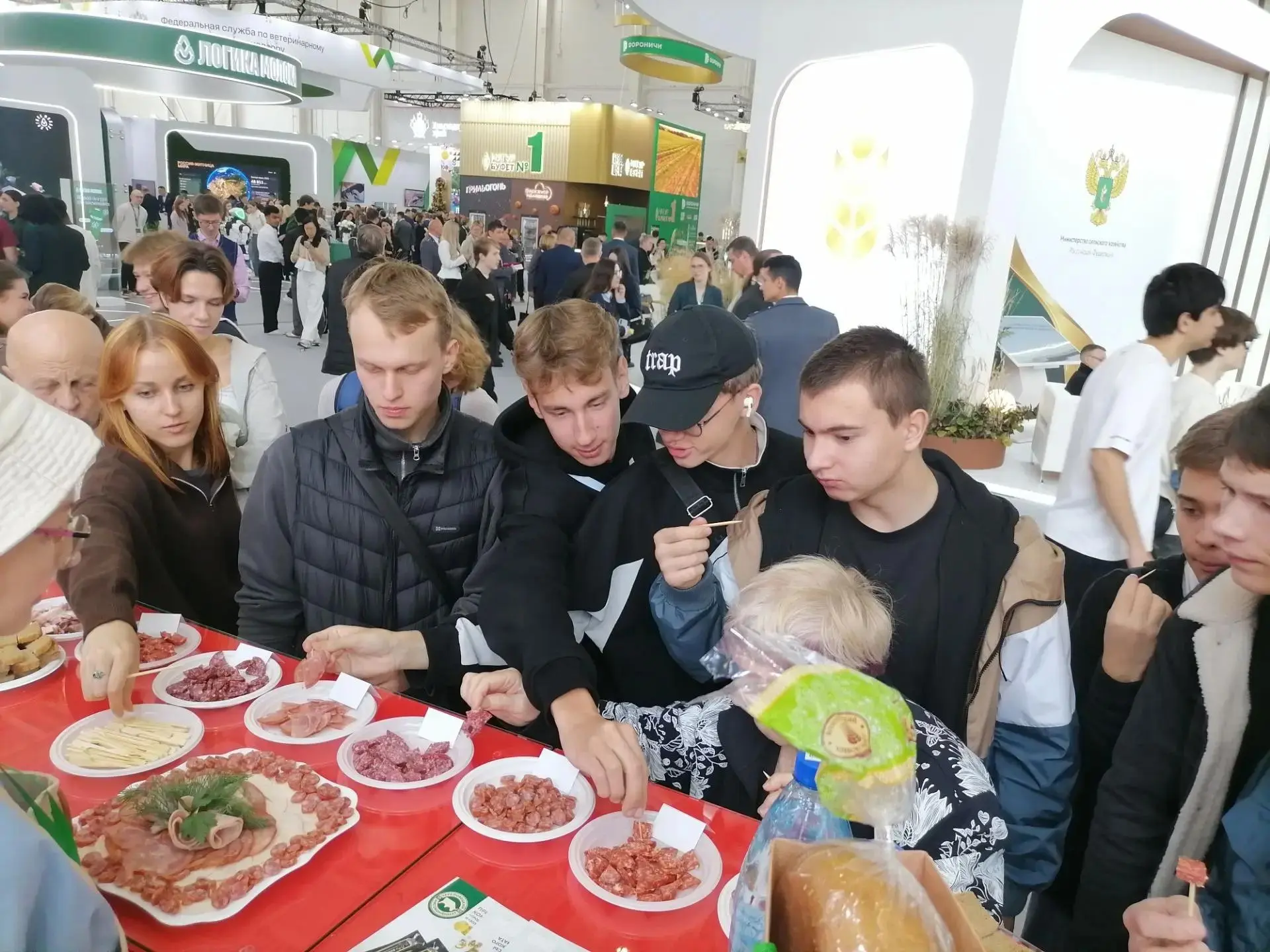 Толпа посетителей и блогеров толкаются в очереди у стенда Вологодской области, чтобы от...