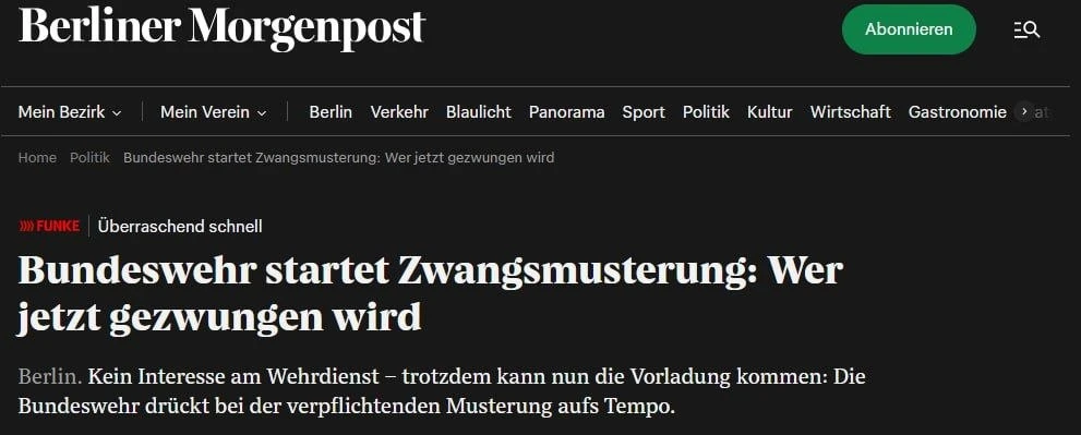 ‼️ Бундесвер начал принудительные медкомиссии 18-летних - Berliner Morgenpost