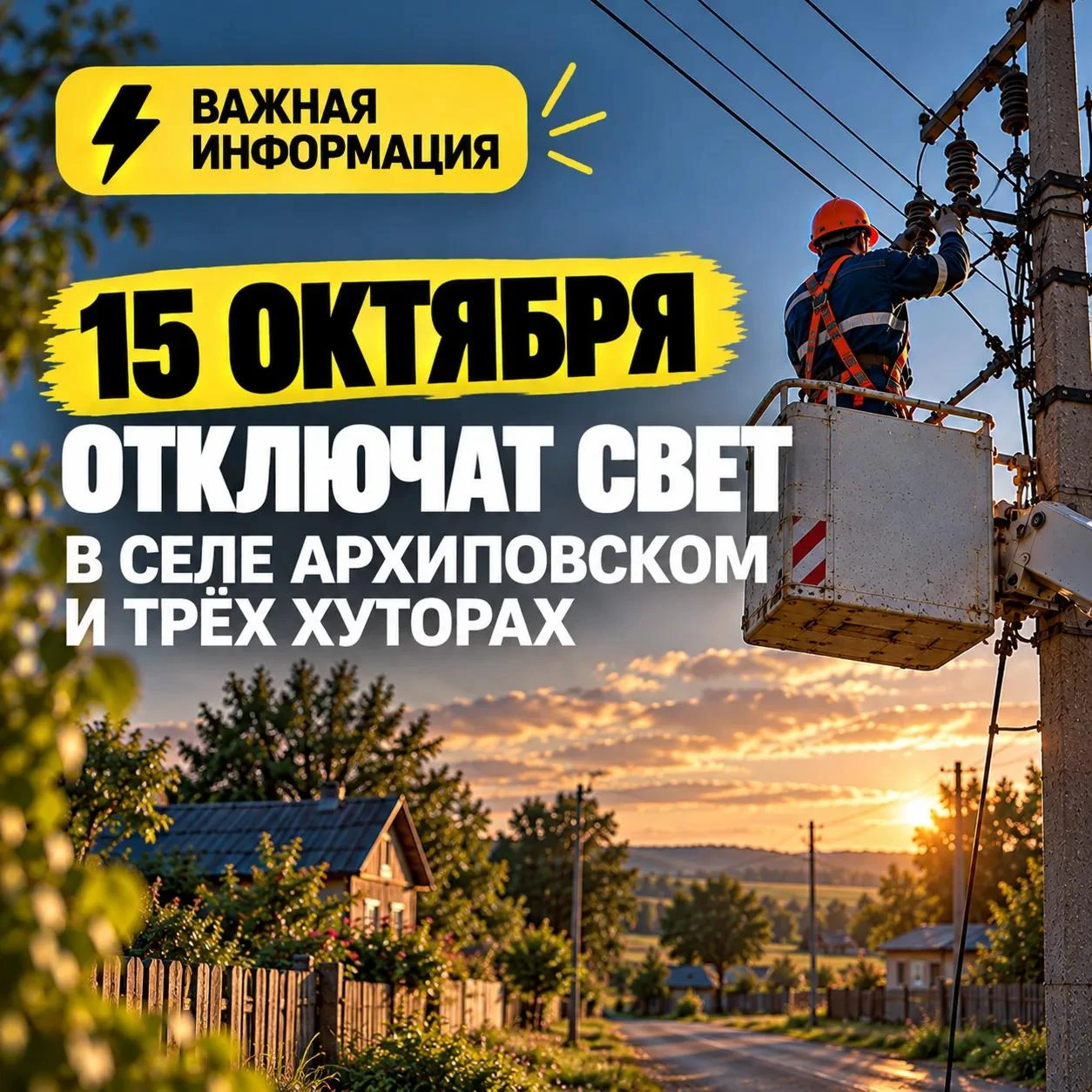 ⚡ 15 октября отключат свет в селе Архиповском и трёх хуторах
