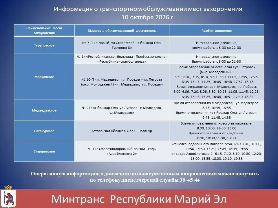 10 октября — дополнительные автобусы до кладбищ Йошкар-Олы