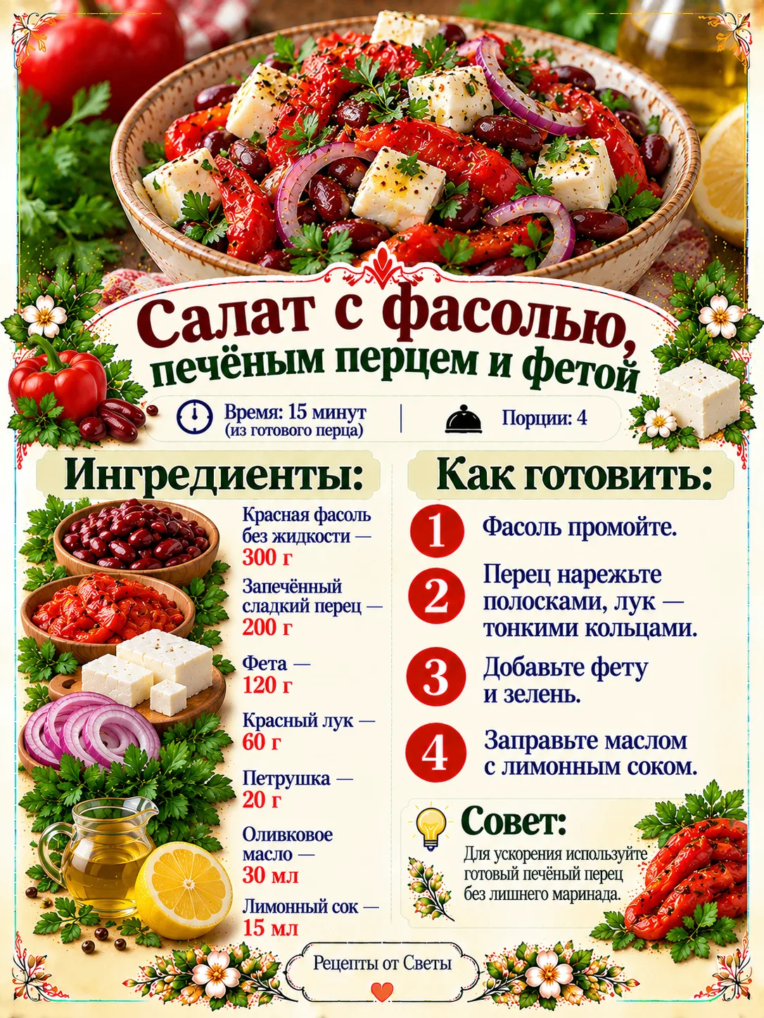 🥗 Салат с фасолью, печёным перцем и фетой, яркий и сытный, с таким сочетанием вкусов, ...