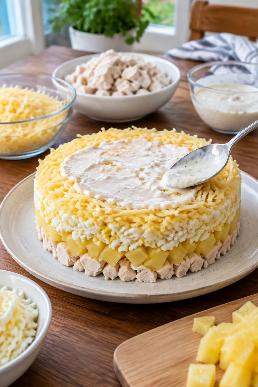 СЛОЕНЫЙ САЛАТ С КУРИЦЕЙ И АНАНАСОМ ПОД ЙОГУРТОМ ЗАМЕНИТ ТЯЖЕЛЫЕ ЗАКУСКИ!