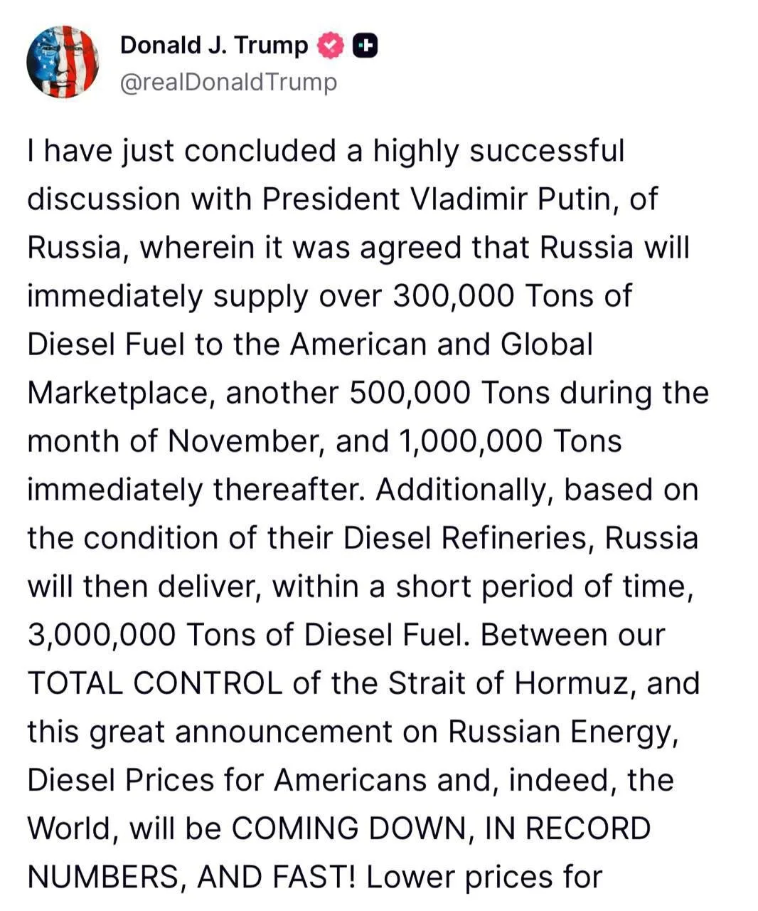 ❗️Россия спасет США от топливного кризиса. Трамп заявил о договорённости с Путиным по п...