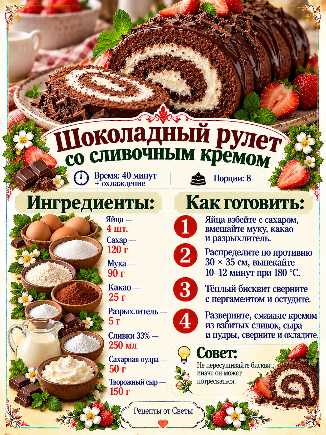 🍫 Шоколадный рулет со сливочным кремом, такой нарядный в разрезе, что рука сама тянетс...