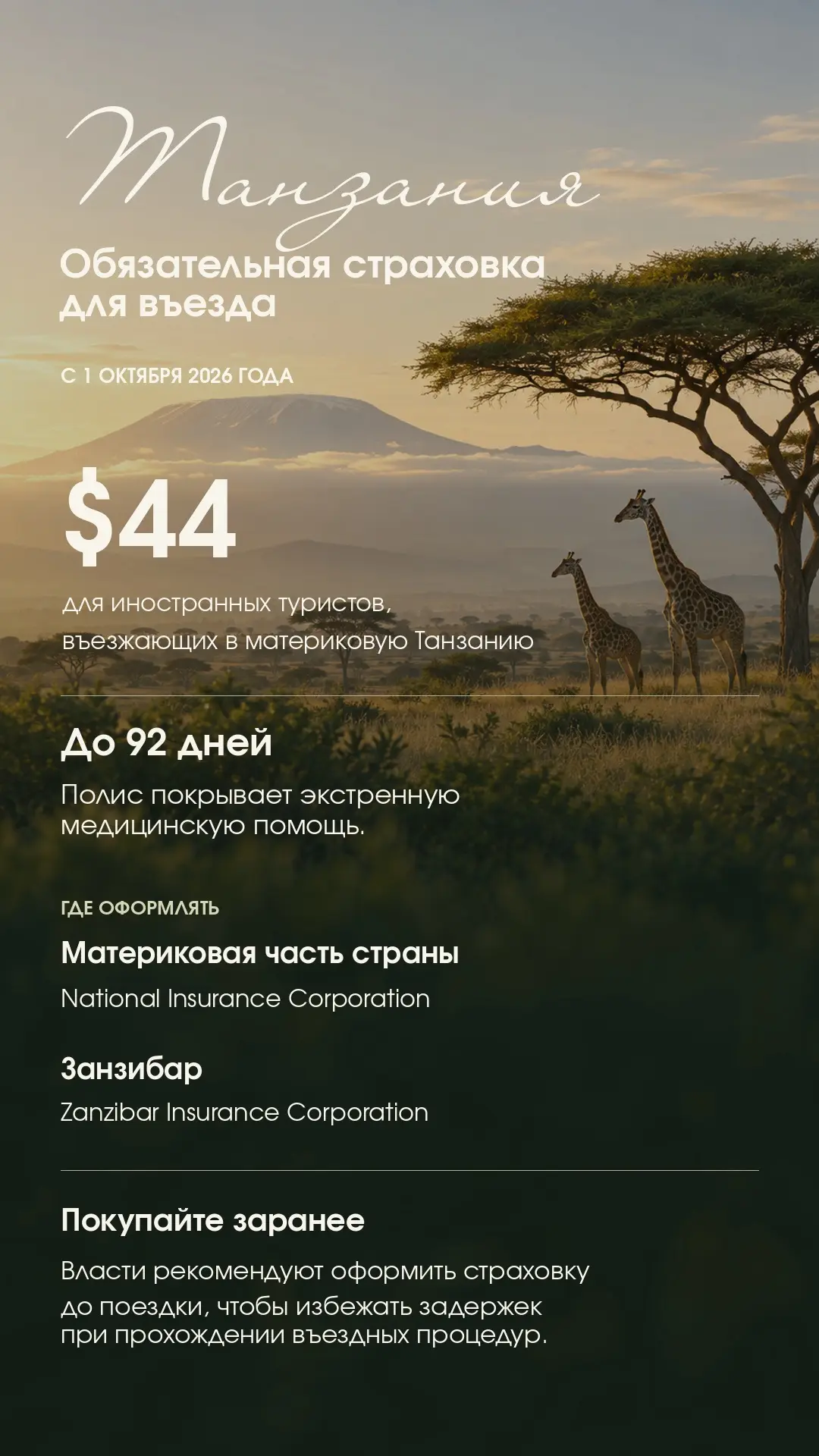 ✈️С 1 октября 2026 года иностранцам для въезда в материковую Танзанию потребуется обяза...