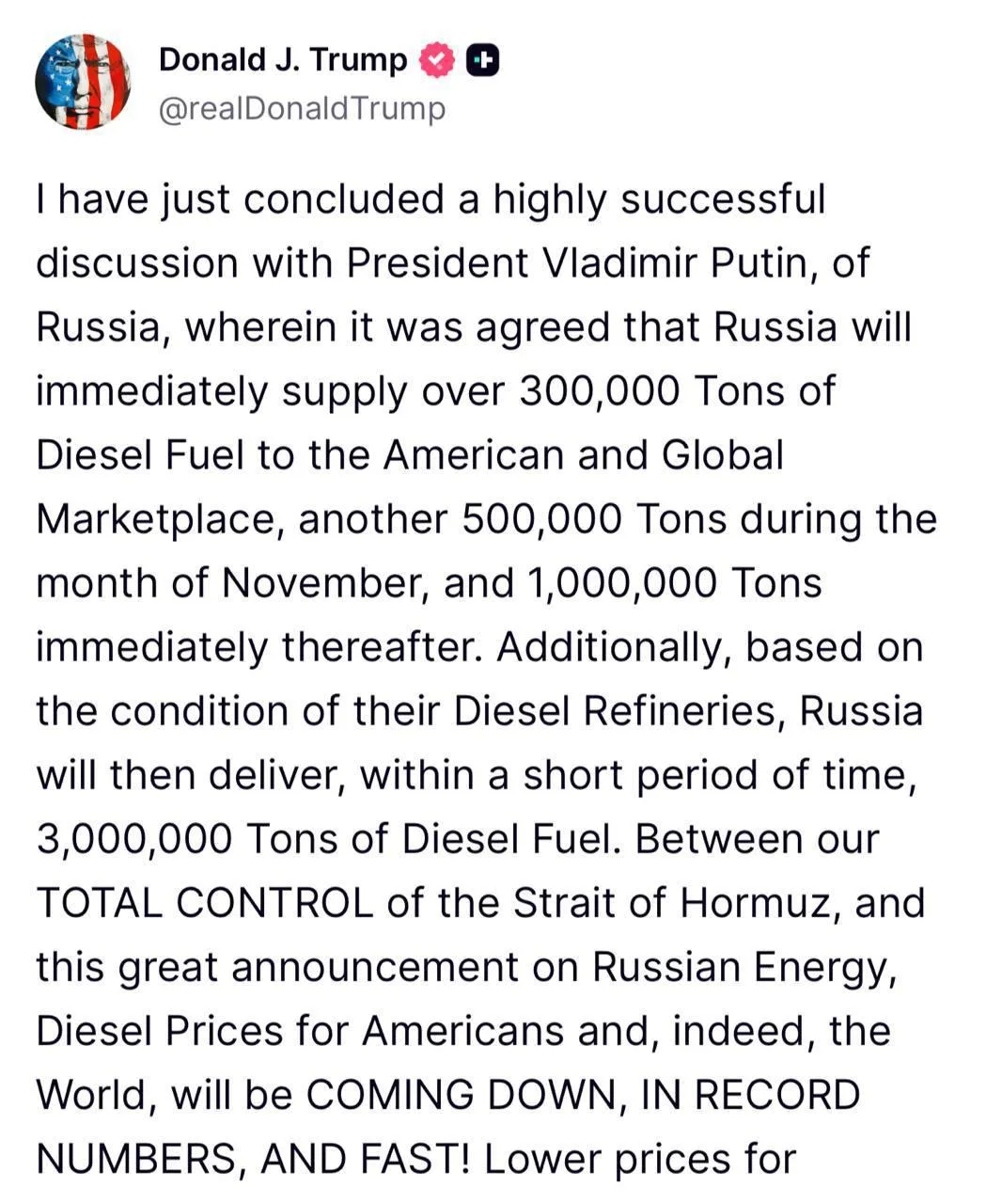 ❗️ По итогам разговора Дональда Трампа с Владимиром Путиным Россия поставит немедленно ...