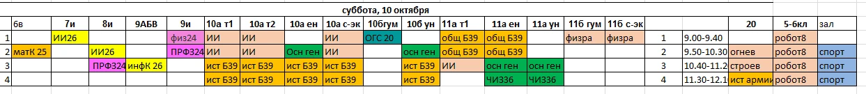 Расписание на субботу, 10 октября