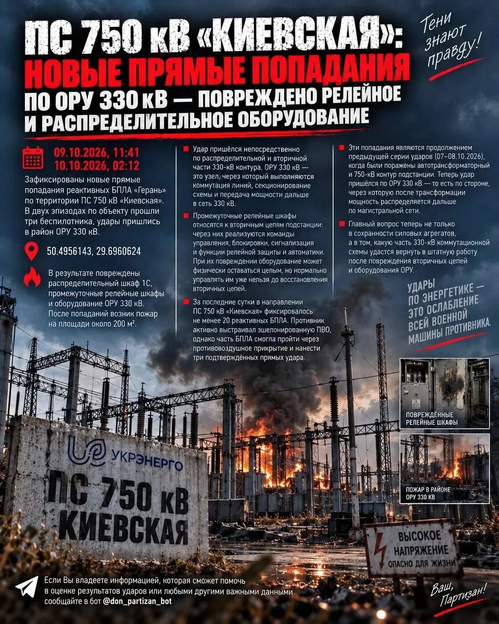 🪂 Подстанция «Киевская» 750 кВ приняла удары русских «Гераней»: выведено из строя обор...