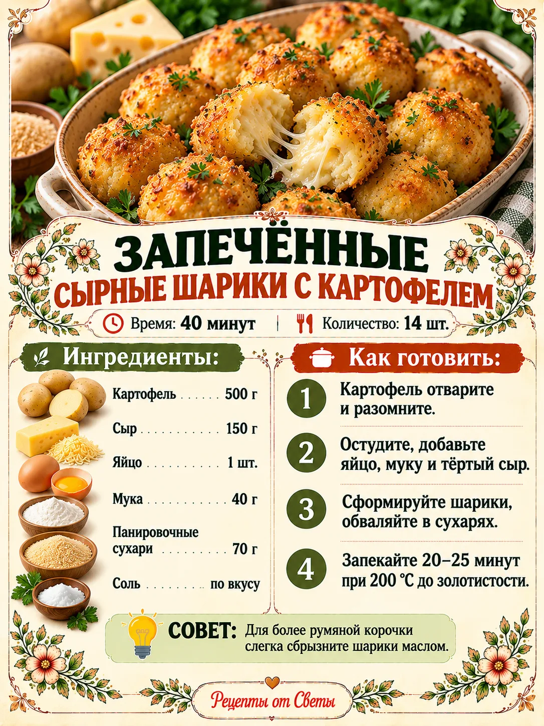 🧀 Запечённые сырные шарики с картофелем, золотистые, аппетитные и такие соблазнительны...