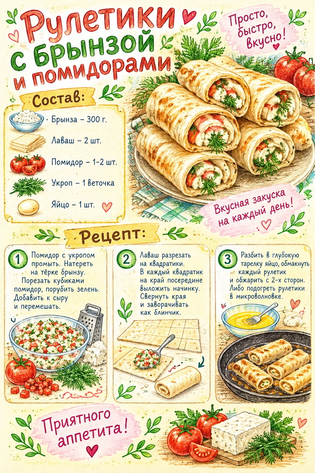 👨‍🍳 РУЛЕТИКИ С БРЫНЗОЙ И ПОМИДОРАМИ