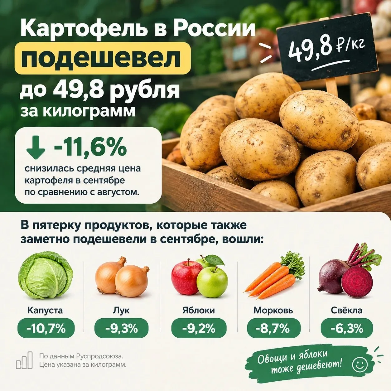 🥔 Картофель в России подешевел до 49,8 рубля за килограмм