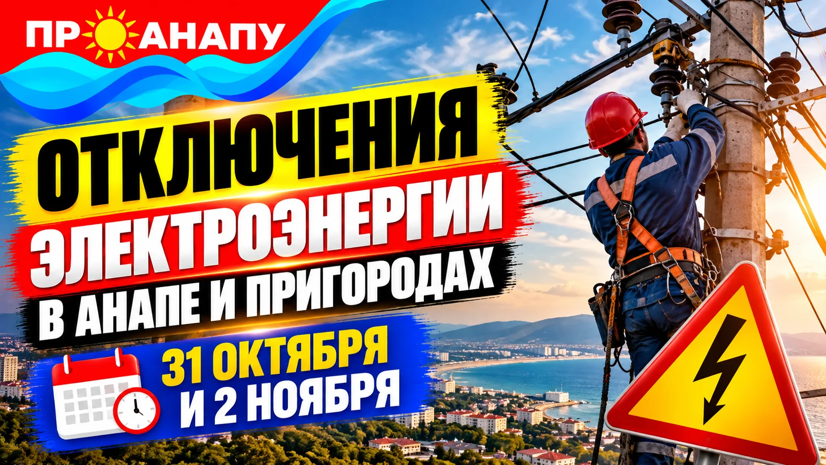 ⚡ В Анапе и пригородах 31 октября и 2 ноября возможны отключения электроэнергии