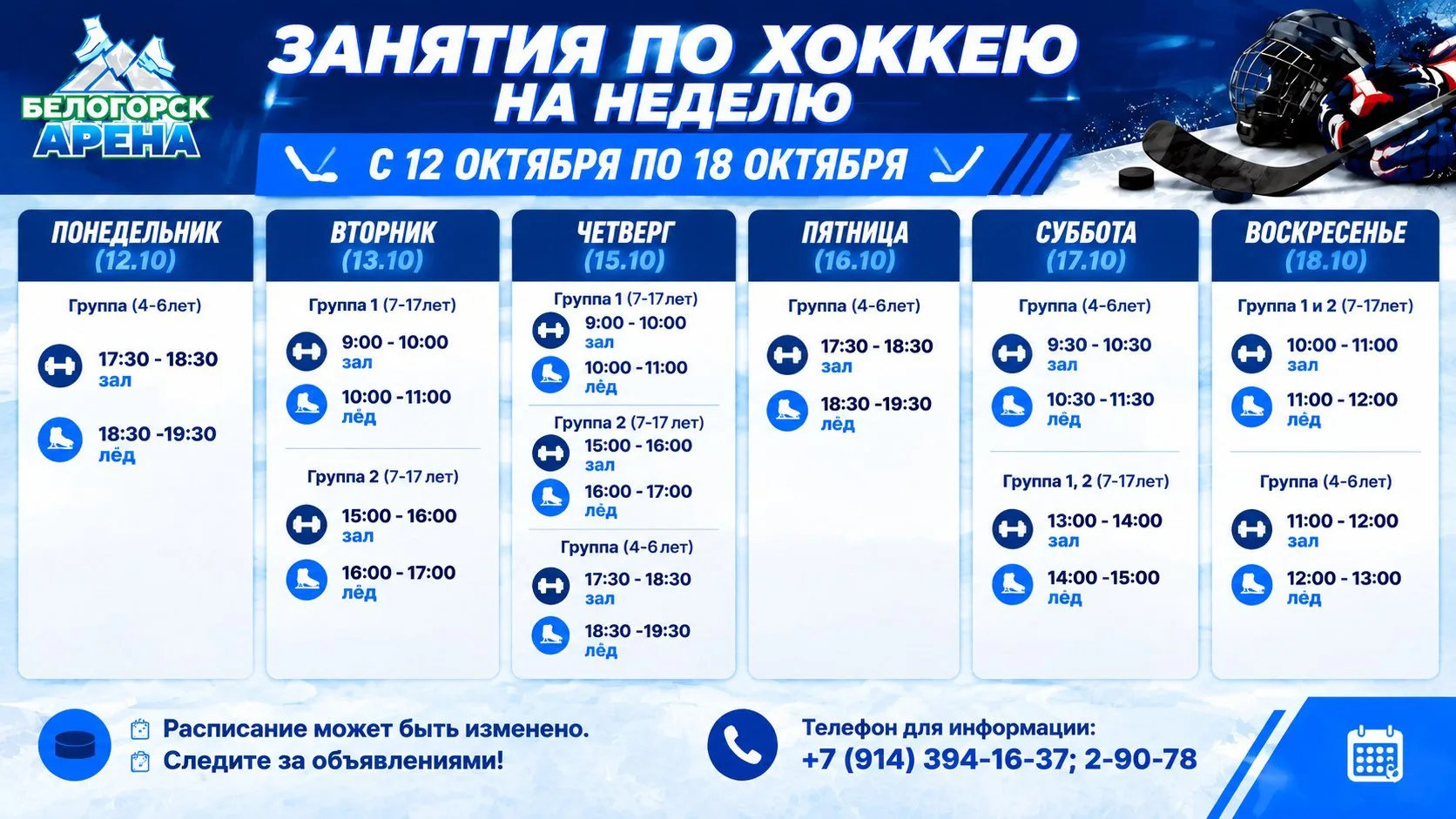 Занятия по хоккею на неделю