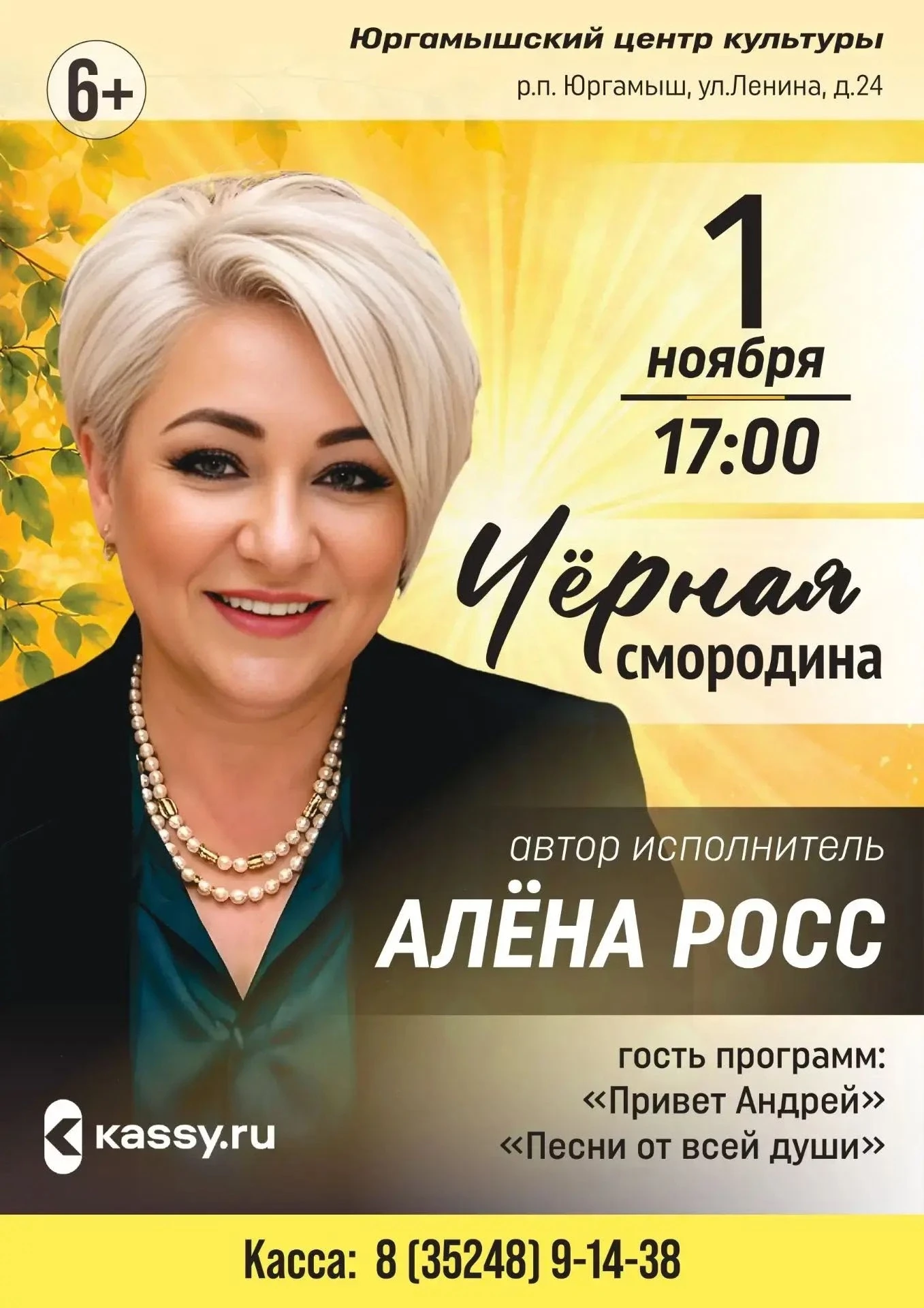 1 ноября в 17:00 в Юргамышском центре культуры состоится концерт Алена Росс "Черная смо...