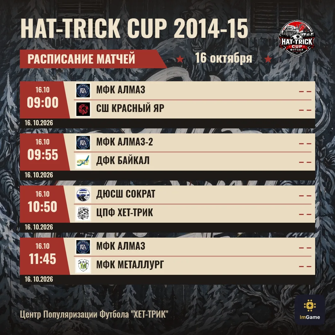 Расписание на первый игровой день турнира по футзалу HAT-TRICK CUP среди команд 2014-15...