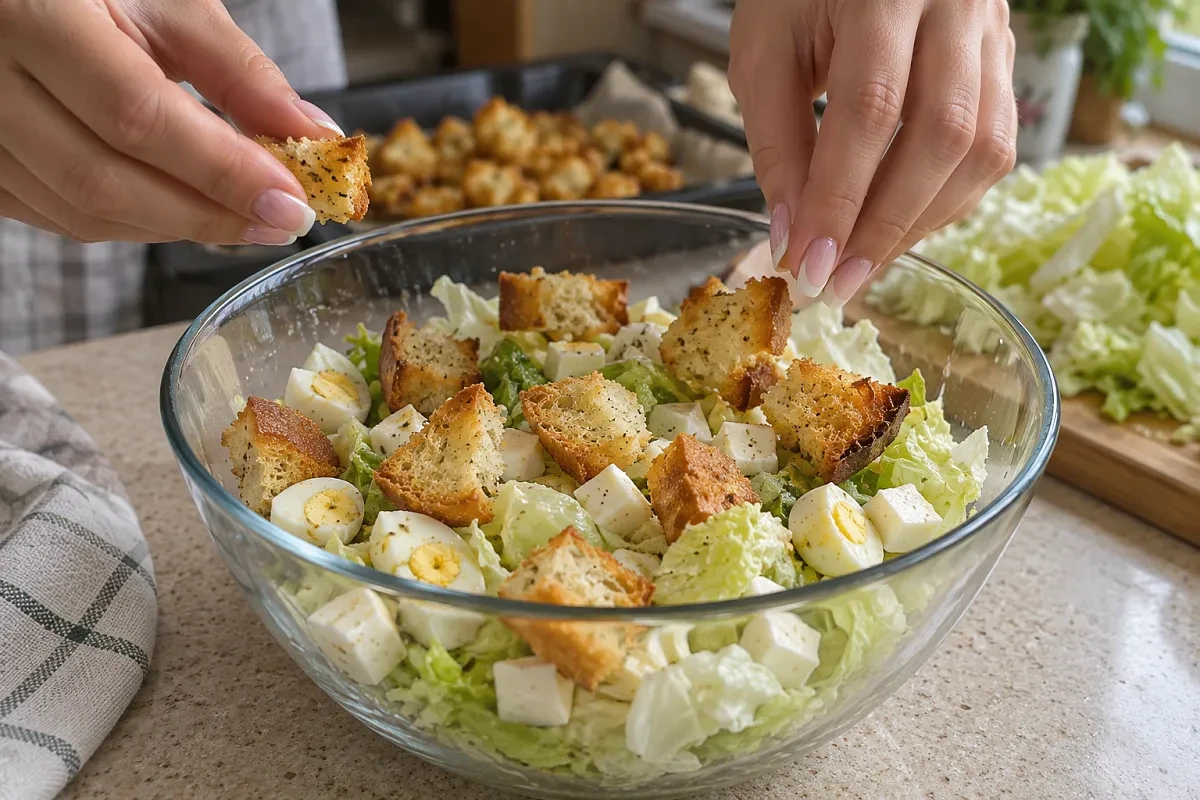 🥗 Салат с сыром и яйцами: добавляем чесночные сухарики и апельсиновую заправку