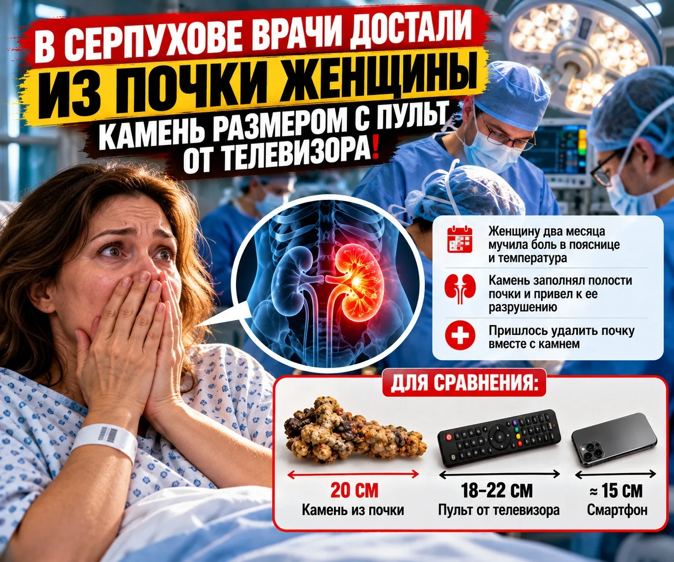 😱 В Серпухове врачи достали из почки женщины камень размером с пульт от телевизора!