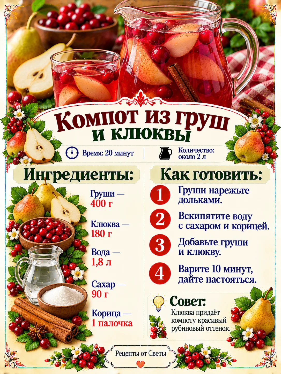 🍐 Компот из груш и клюквы, в котором фруктовая сладость встречается с приятной ягодной...