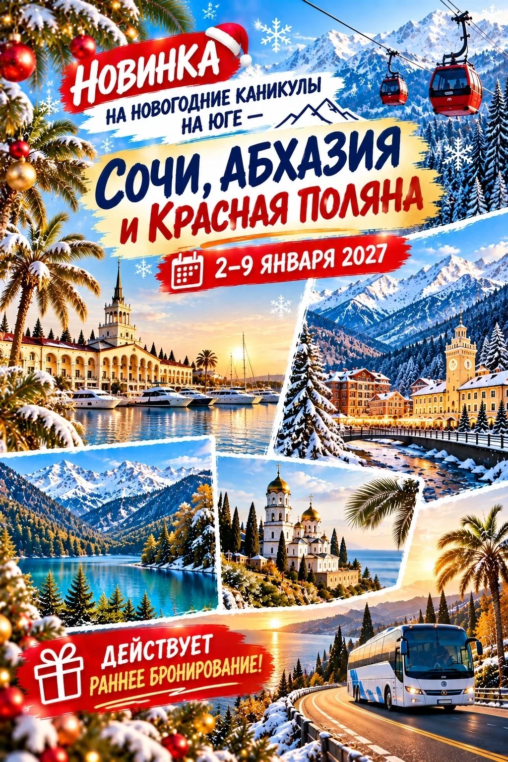 🔥НОВИНКА НА НОВОГОДНИЕ КАНИКУЛЫ НА ЮГЕ — СОЧИ, АБХАЗИЯ И КРАСНАЯ ПОЛЯНА ПО АКЦИИ!
