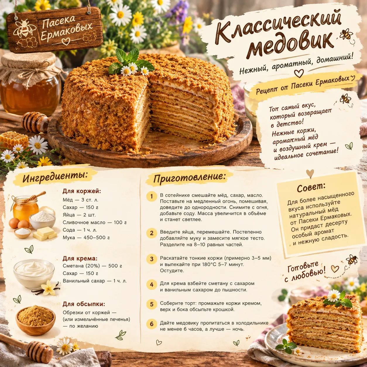 🍯🐝 Мои дорогие, делюсь с вами вкусненьким рецептиком — классическим медовиком! 🍰💛
