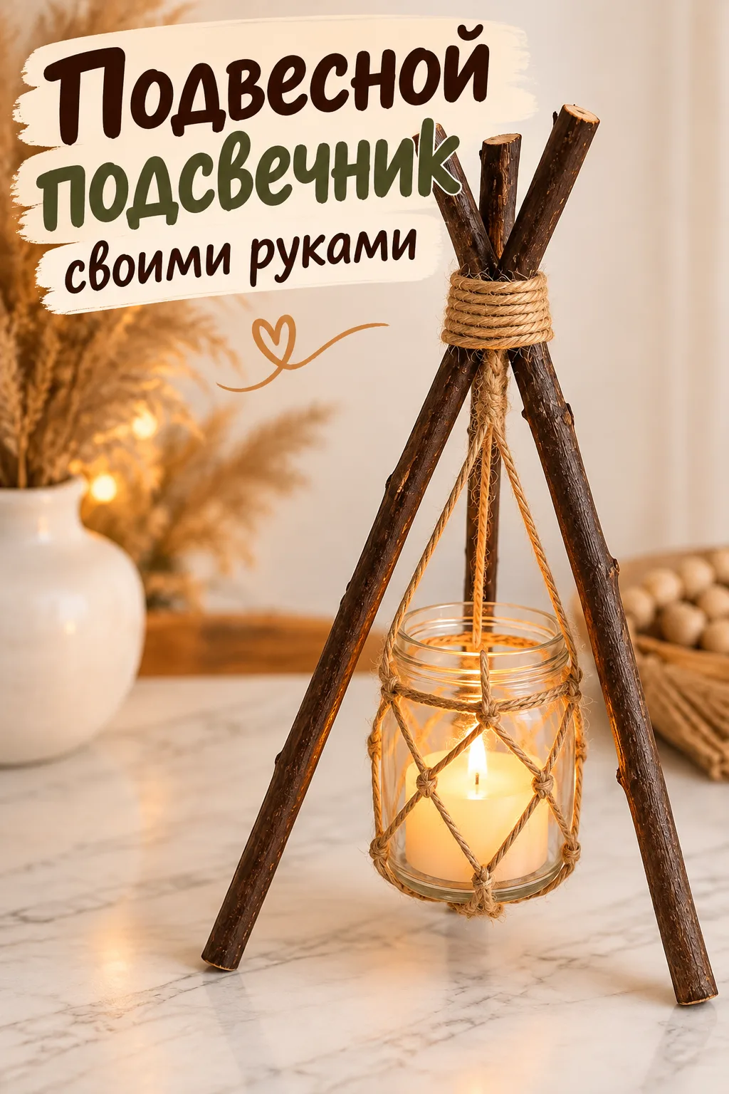 Подвесной подсвечник своими руками из веток и стеклянной банки — уютная идея декора в с...
