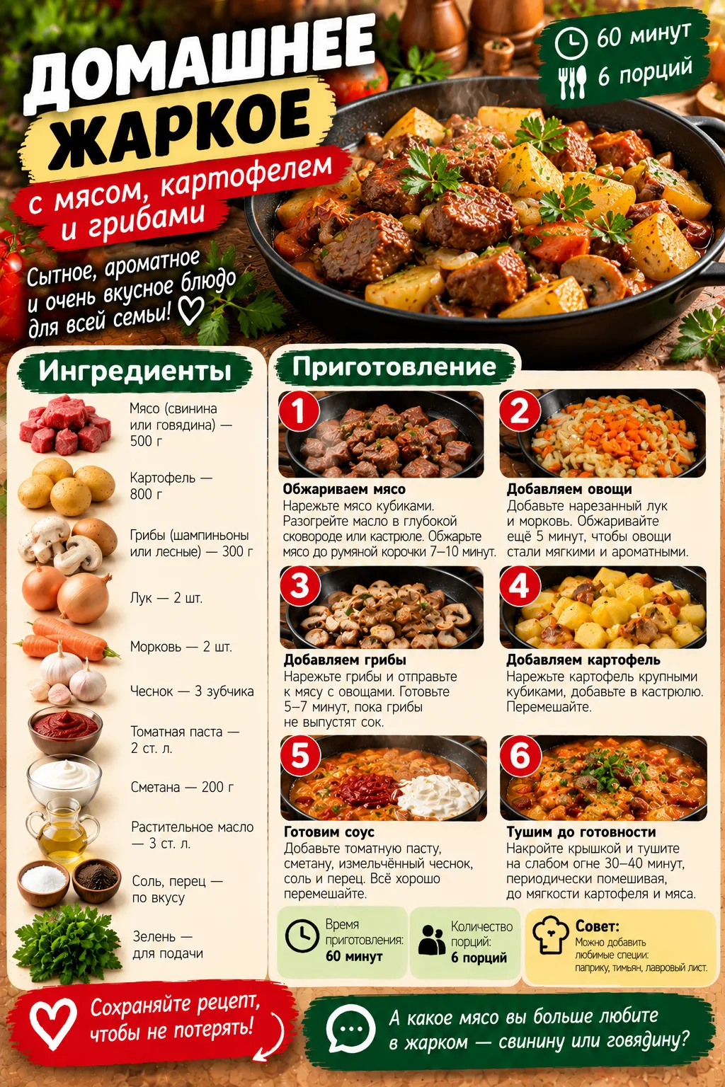 Сытное, ароматное и по-настоящему домашнее блюдо! 🤤 Нежное мясо, мягкий картофель, соч...