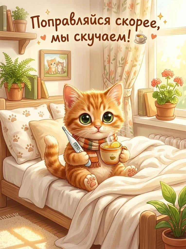 Поправляйся скорее, мы скучаем! Этот рыжий котёнок уже укутался в шарф, держит градусни...