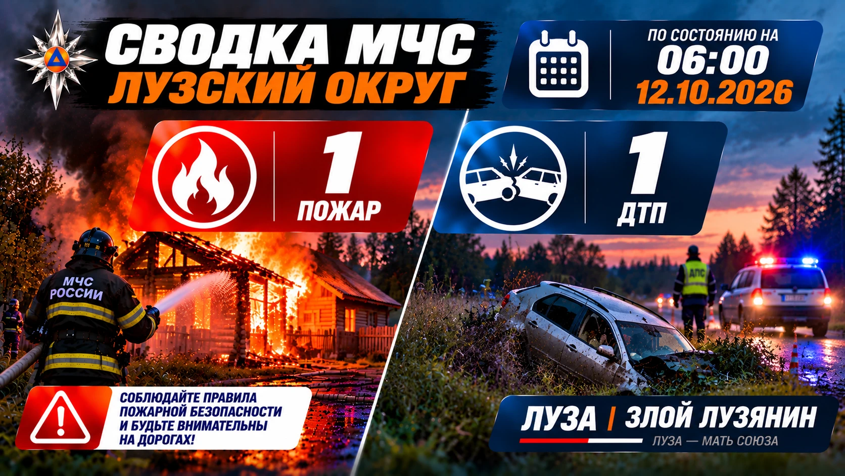 🚨 В Лузе за сутки произошли пожар и ДТП — сводка МЧС