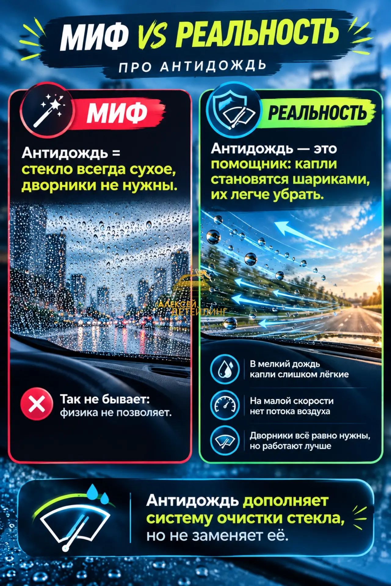 Необходимо понимать, что Антидождь дополняет систему очистки стекла, но не заменяет её.