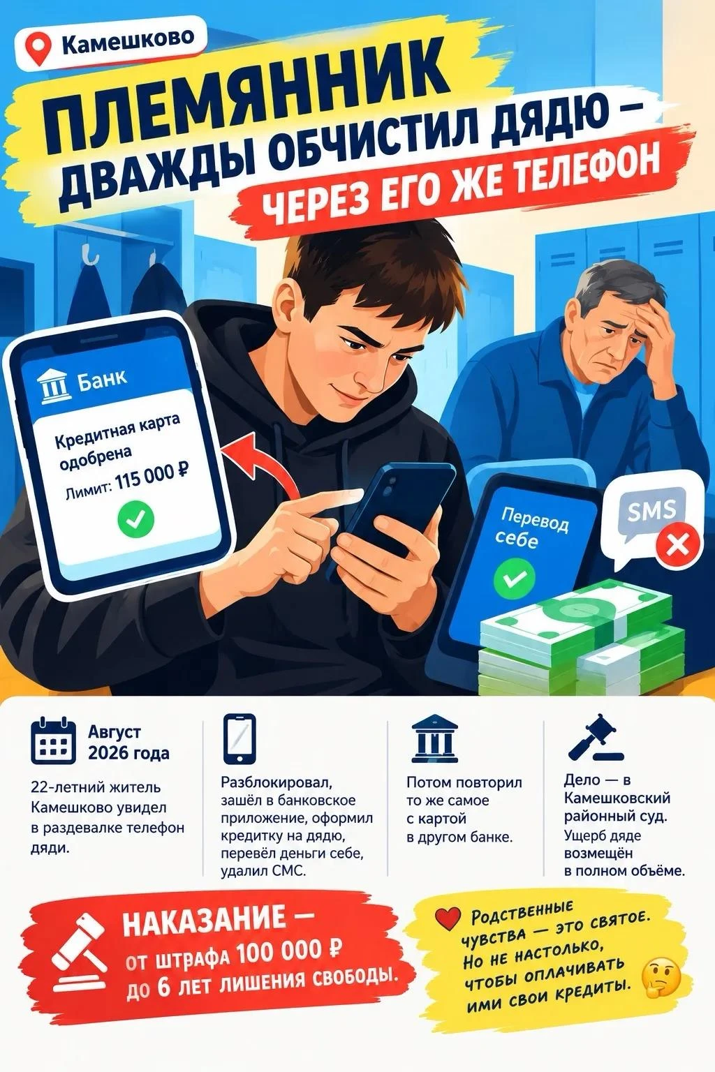 В Камешково племянник дважды обчистил дядю — через его же телефон