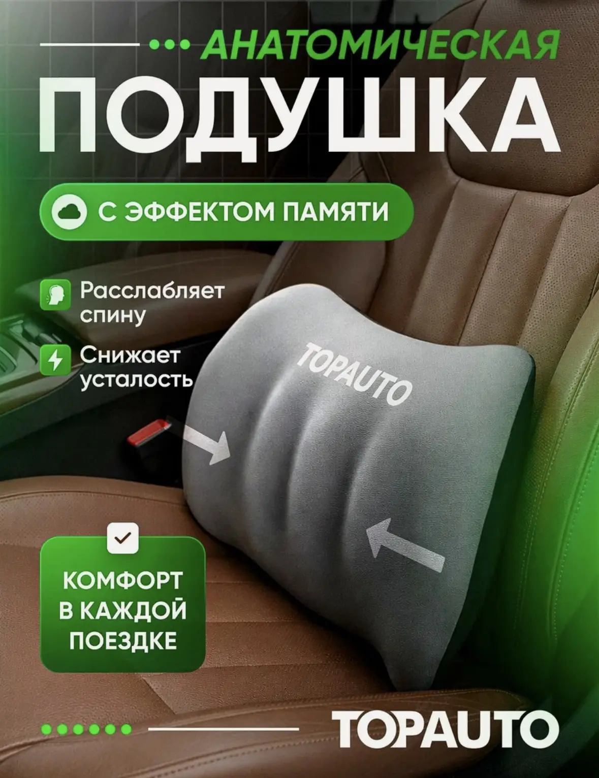 Автомобильная подушка под поясницу анатомическая с эффектом памяти на сиденье и спинку ...