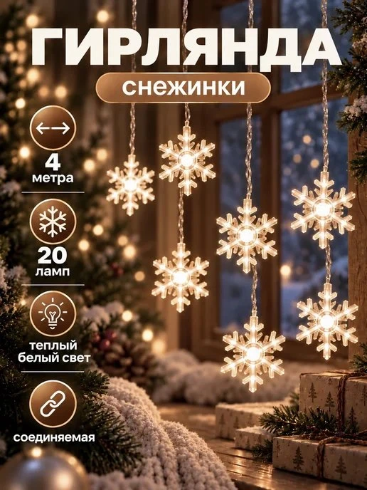 Светодиодная гирлянда на елку со снежинками 4 метра теплая Mr\. Twinkle