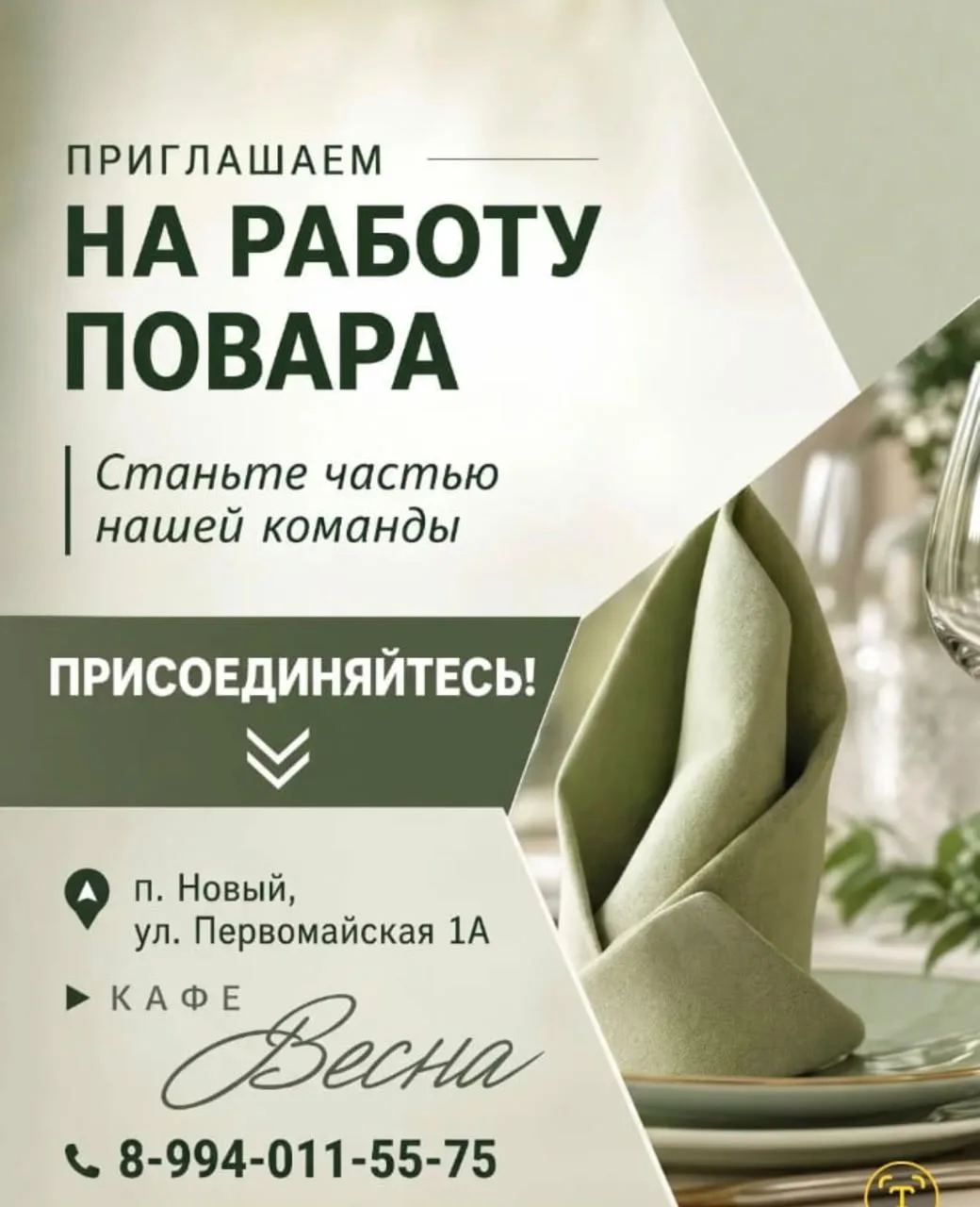 В кафе " Весна " п. Новый , открыта вакансия " Повар " Мы предлагаем:
