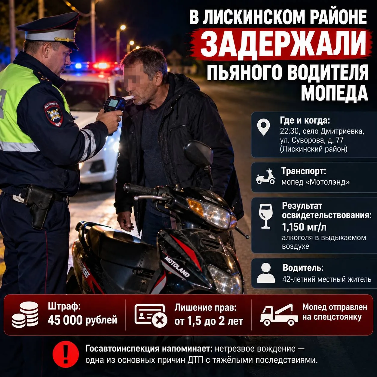 🚔 В Лискинском районе задержали пьяного водителя мопеда.