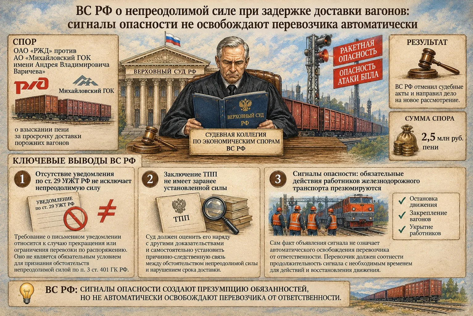 ВС РФ о непреодолимой силе при задержке доставки вагонов: сигналы опасности не освобожд...