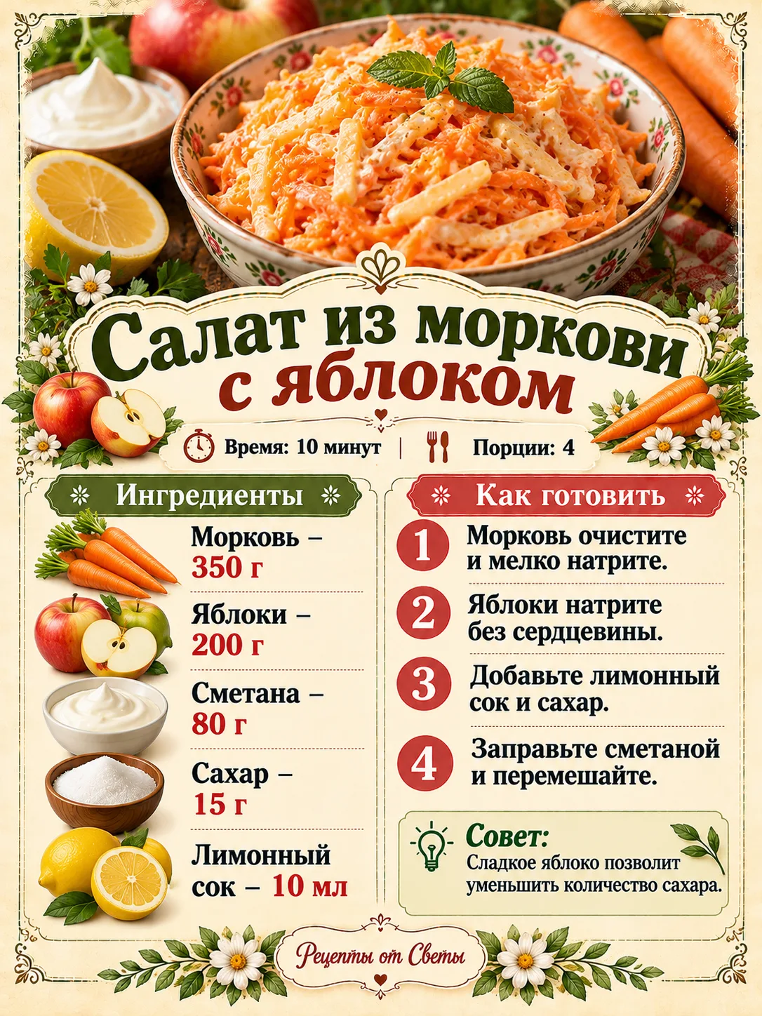 🥕 Сочный морковный салат с яблоком, когда хочется чего-то свежего, хрустящего и без ли...