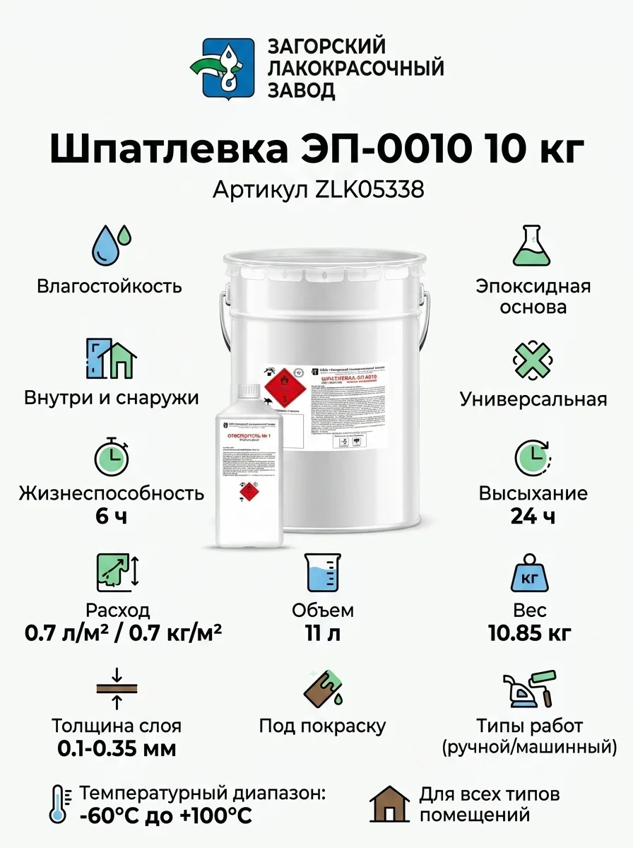 ЗАГОРСКИЙ ЛАКОКРАСОЧНЫЙ ЗАВОД Шпатлевка ЭП-0010 10 кг ZLK05338