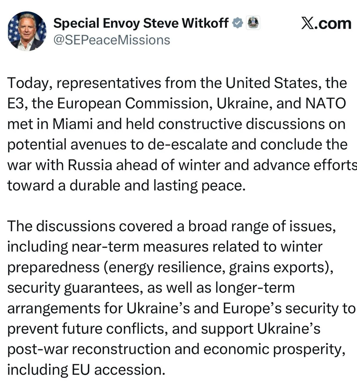 🇺🇸 🇺🇦 Уиткофф заявил, что обсудил с Киевом завершение конфликта до зимы: