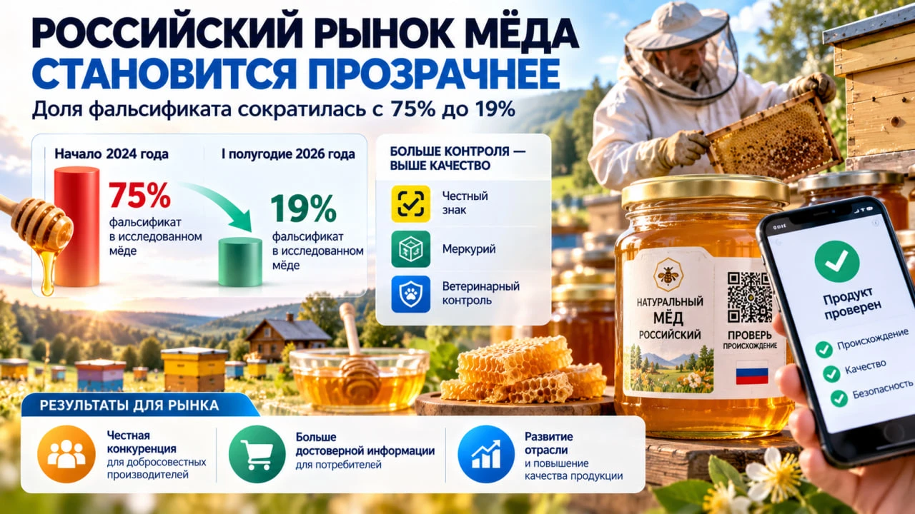 Российский рынок меда становится прозрачнее — доля фальсификата сократилась с 75% до 19...
