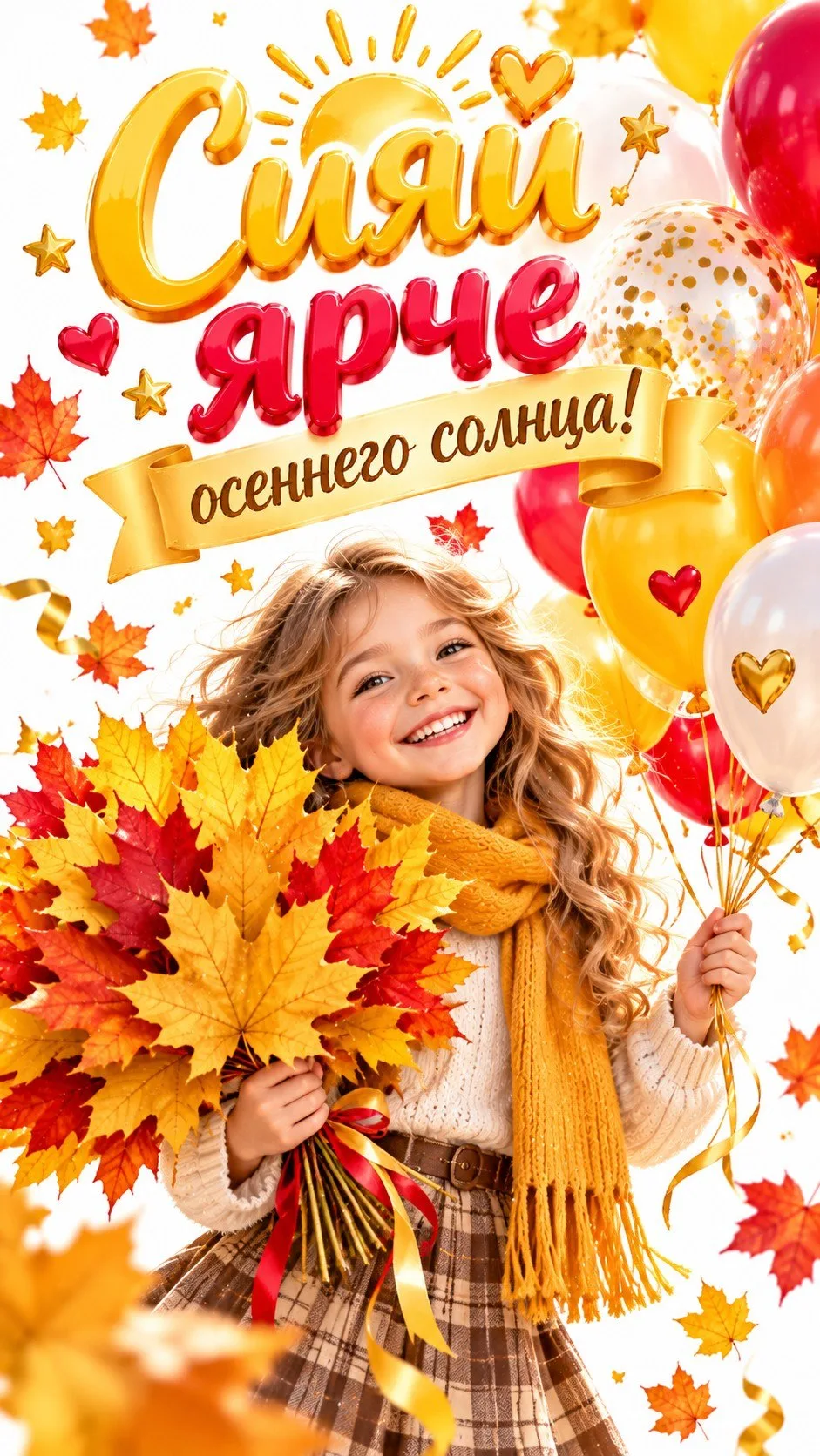 Сияй ярче осеннего солнца! Эта девочка с охапкой золотых листьев и воздушными шарами ул...