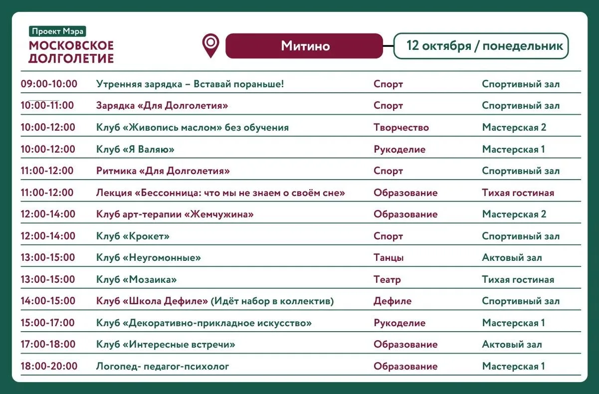 Расписание клубов с 12.10 по 17.10 в Центре московского долголетия "Митино" мы приглаша...