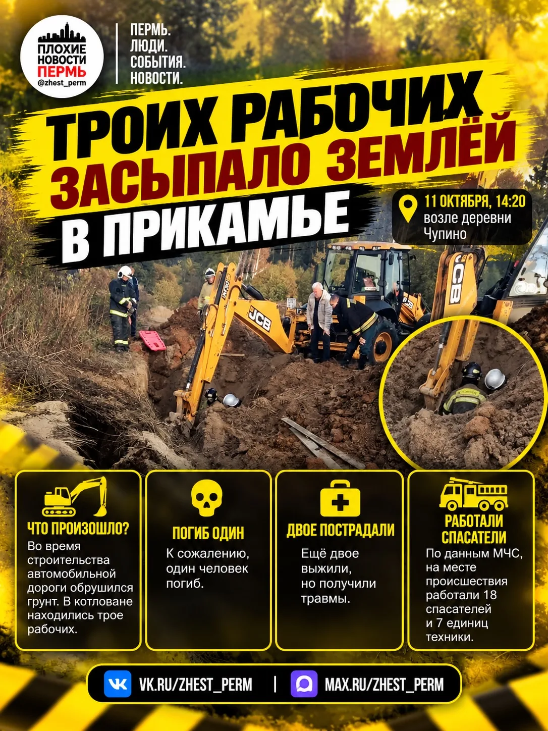 😱 В Прикамье троих рабочих засыпало землёй в котловане: один погиб
