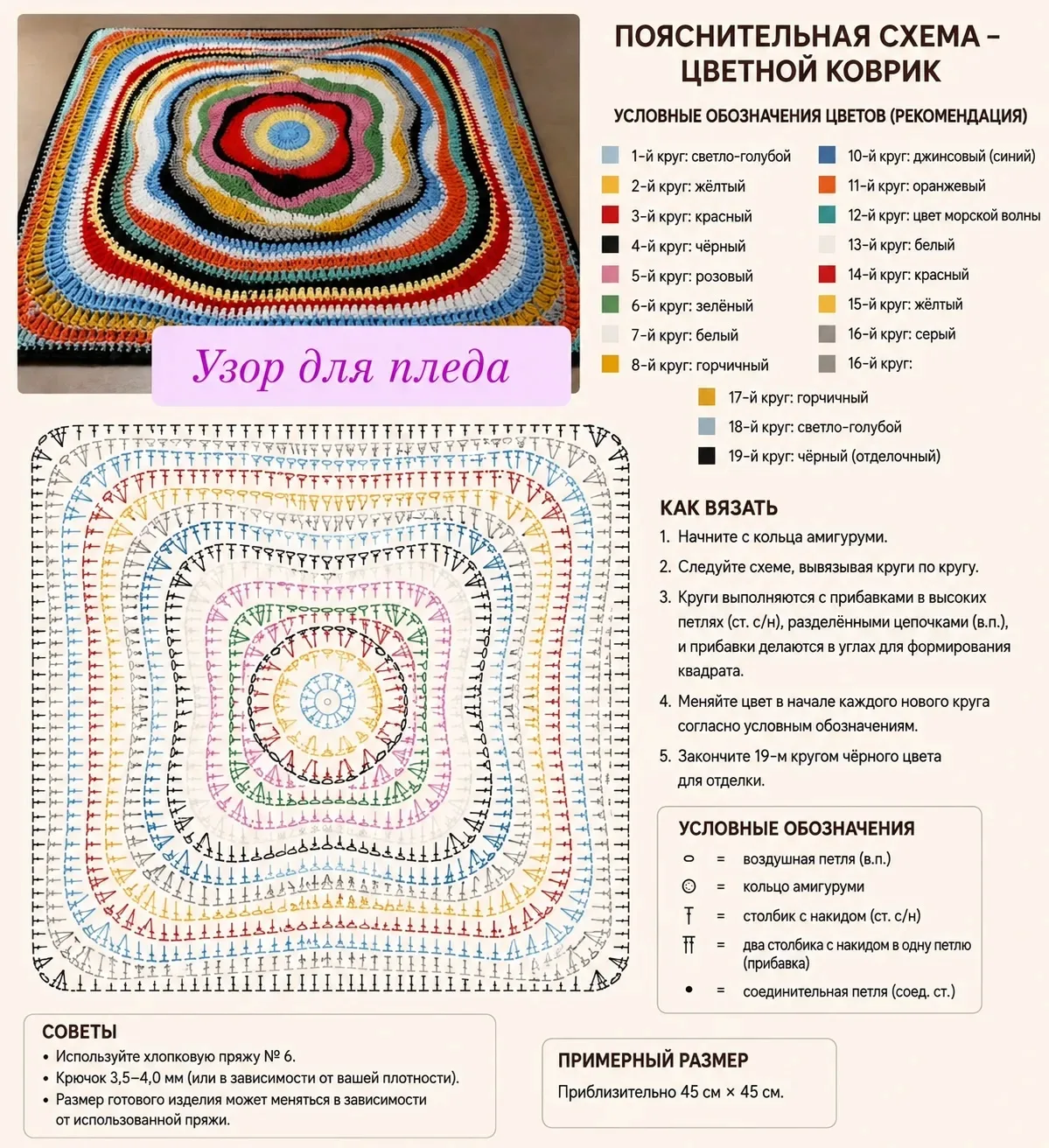Схема для вязания коврика или пледа крючком 🌸